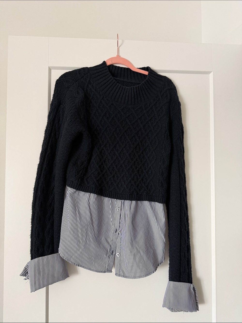 Anthropology Maeve Navy Cable-Knit Layered Sweater with Striped Shirt Hem